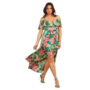 Marciano by Guess Paradisp Wrap Cold Shoulder High Low Maxi Dress Teal Pink 4
